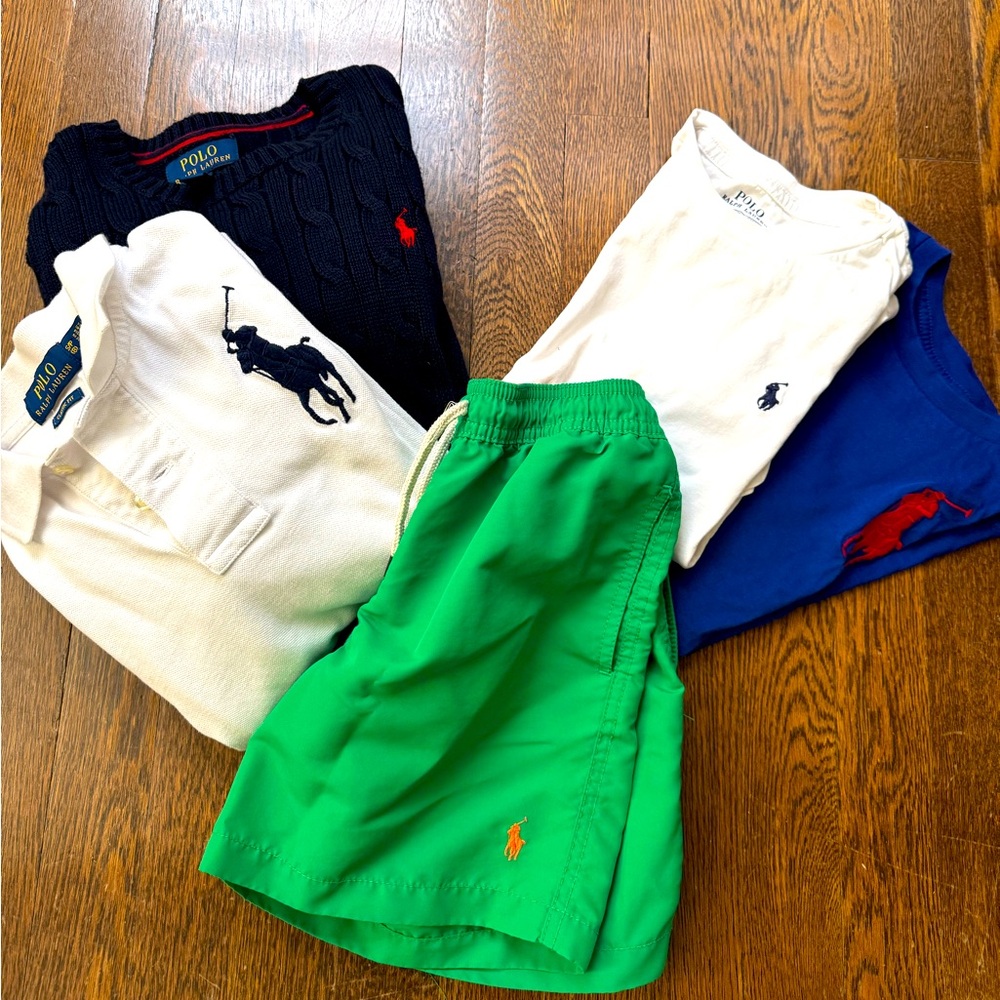 Lot of boys’ size 8 Polo items - shirts, polo, sweater, swim trunk